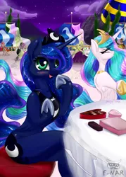 Size: 2075x2890 | Tagged: safe, artist:f-nar, derpibooru import, princess celestia, princess luna, alicorn, pony, semi-anthro, g4, anatomically incorrect, banner, bipedal, blue mane, blue tail, blushing, canterlot, chocolate, chocoluna, concave belly, crown, cute, duo, ethereal mane, ethereal tail, female, flowing mane, flowing tail, folded wings, food, hearts and hooves day, holiday, hoof shoes, image, incorrect leg anatomy, jealous, jewelry, jpeg, luna loves chocolate, lunabetes, mare, night, open mouth, open smile, peytral, princess shoes, regalia, sitting, slender, smiling, tail, that pony sure does love chocolate, thin, valentine, valentine's day, wings