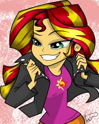 Size: 2188x2742 | Tagged: safe, artist:alligatorgummy, artist:lunchie, derpibooru import, sunset shimmer, human, equestria girls, g4, abstract background, clothes, credits, eyebrows, eyebrows visible through hair, female, grin, image, jacket, leather, leather jacket, my little pony equestria girls: rainbow rocks, png, shine like rainbows, skirt, smiling, smirk, solo, teeth