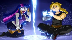 Size: 1850x1039 | Tagged: safe, artist:shonuff44, derpibooru import, twilight sparkle, human, g4, alchemy, clothes, crossover, duo, edward elric, female, fullmetal alchemist, glasses, humanized, image, jpeg, lightning, magic, magic circle, male, microskirt, miniskirt, open mouth, skirt, socks, thigh highs, thigh socks, thighlight sparkle, thighs, thunder thighs, transmutation circle