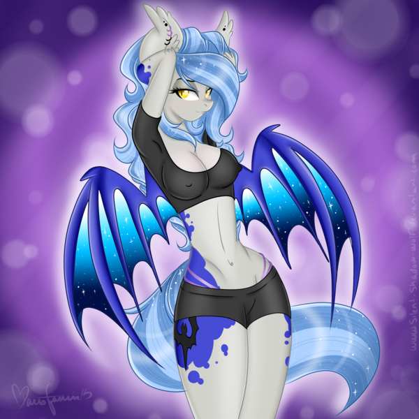 Size: 2449x2449 | Tagged: questionable, artist:pvrii, artist:silent-shadow-wolf, derpibooru import, oc, oc:midnight radiance, unofficial characters only, anthro, bat pony, anthro oc, armpits, belly, belly button, breasts, cleavage, clothes, erect nipples, female, image, midriff, nipple outline, nipples, nudity, pink underwear, png, seductive, short shirt, shorts, solo, solo female, tight clothing, underwear