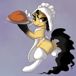 Size: 1200x1200 | Tagged: safe, artist:prettypinkpony, derpibooru import, oc, oc:terra, unofficial characters only, bird, earth pony, pony, turkey, apron, bipedal, butt, clothes, commission, cooked, dead, female, food, holiday, image, jpeg, long eyelashes, mare, meat, plot, ponies eating meat, solo, thanksgiving, ych result