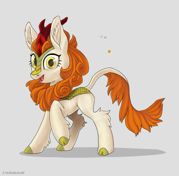 Size: 1909x1875 | Tagged: safe, artist:decepticoncyberwolf, derpibooru import, autumn blaze, kirin, g4, ear fluff, female, gray background, image, leg fluff, looking at you, open mouth, png, simple background, solo