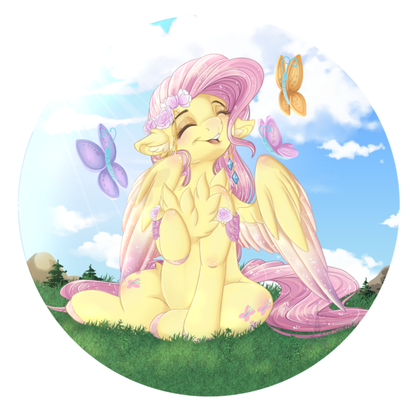 Size: 2447x2451 | Tagged: safe, artist:pvrii, derpibooru import, fluttershy, butterfly, insect, pegasus, pony, g4, both cutie marks, chest fluff, cloud, colored hooves, colored wings, colored wingtips, crepuscular rays, cute, ear fluff, eyes closed, female, floppy ears, grass, happy, hooves, image, mare, open mouth, outdoors, png, raised hoof, shyabetes, simple background, sitting, sky, smiling, solo, spread wings, transparent background, wings