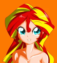 Size: 1700x1900 | Tagged: suggestive, artist:trainbang, derpibooru import, sunset shimmer, human, equestria girls, g4, breasts, bust, busty sunset shimmer, cleavage, clothes, colored, cute, female, human coloration, humanized, image, looking at you, nudity, orange background, partial nudity, png, simple background, smiling, solo, solo female, sunset, topless