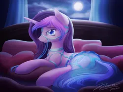 Size: 2828x2121 | Tagged: suggestive, artist:novaintellus, derpibooru import, oc, oc:rising glow, unofficial characters only, pony, unicorn, bedroom eyes, clothes, curtains, female, full moon, harness, horn, image, lying down, mare, moon, night, night sky, pillow, png, reins, see-through, signature, sky, solo, solo female, tack