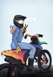 Size: 1256x1800 | Tagged: safe, artist:chimchiri, derpibooru import, rainbow dash, human, g4, female, helmet, humanized, image, looking at you, looking back, looking back at you, motorcycle, motorcycle helmet, peace sign, pictogram, png, solo, speech bubble