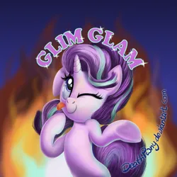 Size: 1071x1071 | Tagged: safe, artist:deathpwny, derpibooru import, starlight glimmer, pony, unicorn, g4, cute, female, fire, glim glam, glimmerbetes, horn, image, mare, one eye closed, png, silly, silly pony, solo, tongue out, wink