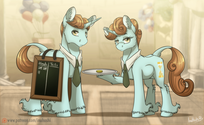 Size: 2082x1272 | Tagged: safe, artist:inuhoshi-to-darkpen, derpibooru import, robert lutece, rosalind lutece, ponified, pony, unicorn, g4, trade ya, beyond (g4), bioshock, bioshock infinite, brother and sister, chalkboard, clothes, coin, duo, female, horn, image, infinity (g4), looking at you, lutece twins, male, mare, my little pony, necktie, patreon, patreon logo, png, siblings, signature, stallion, tally marks, trade ya!, tray, twins, unshorn fetlocks