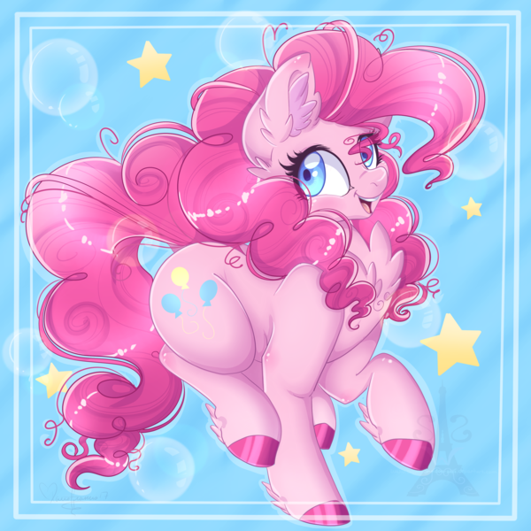 Size: 2449x2449 | Tagged: safe, artist:pvrii, artist:silent-shadow-wolf, derpibooru import, pinkie pie, earth pony, pony, g4, chest fluff, colored hooves, cute, diapinkes, ear fluff, female, happy, hooves, image, leg fluff, open mouth, png, solo, stars