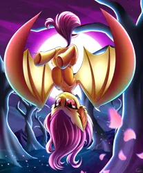 Size: 2400x2900 | Tagged: safe, artist:kaleido-art, derpibooru import, fluttershy, bat pony, pony, g4, bat ponified, fangs, female, flutterbat, full moon, image, looking at you, mare, moon, petals, png, prehensile tail, race swap, scenery, solo, tail, underhoof, upside down