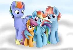 Size: 2969x2019 | Tagged: safe, artist:enviaart, derpibooru import, bow hothoof, rainbow dash, scootaloo, windy whistles, pegasus, pony, g4, cloud, cute, family, father, father and child, father and daughter, female, filly, foal, happy, hug, image, male, mare, missing accessory, mother, mother and child, mother and daughter, offspring, parent:bow hothoof, parent:windy whistles, parents:windyhoof, png, scootadoption, scootalove, siblings, sisters, stallion, winghug, wings