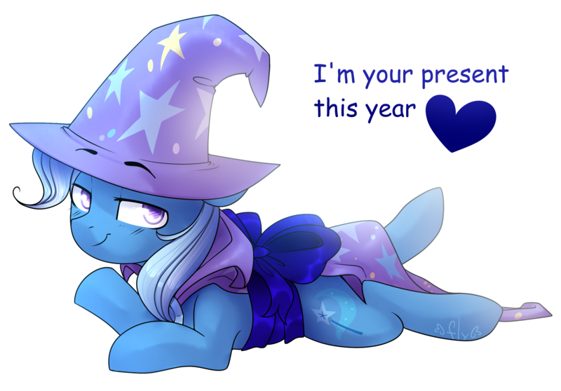 Size: 2549x1777 | Tagged: safe, artist:starlyfly, derpibooru import, trixie, pony, unicorn, g4, bow, cape, clothes, colored pupils, cute, diatrixes, female, gift wrapped, hat, horn, image, lidded eyes, lying down, mare, png, prone, simple background, solo, transparent background, trixie's cape, trixie's hat