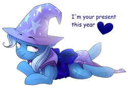 Size: 2549x1777 | Tagged: safe, artist:starlyfly, derpibooru import, trixie, pony, unicorn, g4, bow, cape, clothes, colored pupils, cute, diatrixes, female, gift wrapped, hat, horn, image, lidded eyes, lying down, mare, png, prone, simple background, solo, transparent background, trixie's cape, trixie's hat