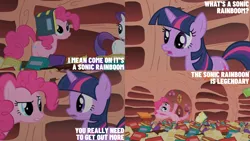 Size: 2000x1125 | Tagged: safe, derpibooru import, edit, edited screencap, editor:quoterific, screencap, pinkie pie, rarity, twilight sparkle, unicorn, g4, sonic rainboom (episode), book, golden oaks library, image, library, my little pony, png, scroll, unicorn twilight