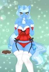 Size: 1900x2800 | Tagged: suggestive, artist:jerraldina, derpibooru import, oc, oc:glacandra, unofficial characters only, anthro, unicorn, big breasts, bow, breast squish, breasts, christmas, clothes, commission, cookie, female, food, freckles, garter belt, hair bow, holiday, horn, image, long mane, looking at you, milk, png, red panties, sitting, socks, solo, solo female, stockings, thigh highs, unicorn oc, ych result