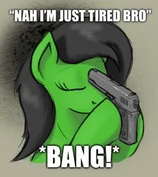 Size: 676x756 | Tagged: semi-grimdark, ponerpics import, oc, oc:anonfilly, pony, female, filly, gun, image, imminent suicide, meme, png, text, weapon