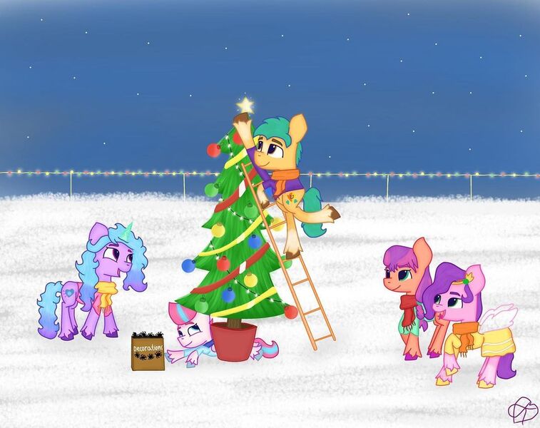 Size: 1080x856 | Tagged: safe, artist:heart k art, derpibooru import, hitch trailblazer, izzy moonbow, pipp petals, sunny starscout, zipp storm, earth pony, pegasus, pony, spider, unicorn, series:heart k art g5 advent calendar, g5, advent calendar, bauble, christmas, christmas lights, christmas tree, clothes, decorating, decoration, female, garland, holiday, horn, image, jpeg, ladder, male, mane five, mare, maretime bay, night, night sky, outdoors, prank, railing, scarf, sky, snow, stallion, stars, tree, winter, winter outfit