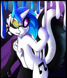 Size: 1104x1280 | Tagged: safe, artist:icefire, derpibooru import, vinyl scratch, pony, skunk, unicorn, g4, bipedal, furry, furry to pony, horn, hypno eyes, image, jpeg, paint tf, solo, transformation