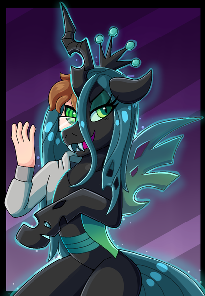 Size: 832x1200 | Tagged: safe, artist:icefire, derpibooru import, queen chrysalis, changeling, changeling queen, human, g4, bipedal, female, glasses, human to changeling, hypno eyes, image, png, possession, smiling, transformation