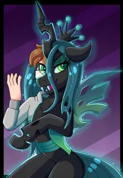 Size: 832x1200 | Tagged: safe, alternate version, artist:icefire, derpibooru import, queen chrysalis, changeling, changeling queen, human, g4, bipedal, female, glasses, human to changeling, image, png, smiling, transformation