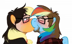 Size: 2048x1253 | Tagged: safe, artist:binturongboss, derpibooru import, applejack, rainbow dash, earth pony, human, pegasus, pony, g4, blushing, bust, clothes, duo, female, glasses, human to pony, image, jpeg, kiss on the lips, kissing, male, portrait, simple background, transformation, transgender transformation, white background