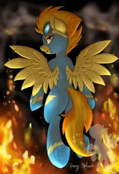 Size: 4550x6650 | Tagged: safe, artist:annakitsun3, derpibooru import, spitfire, pegasus, pony, g4, butt, clothes, female, fire, flying, goggles, image, plot, png, smiling, solo, spread wings, underhoof, uniform, wings, wonderbolts uniform