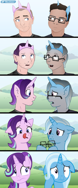 Size: 1720x4128 | Tagged: safe, artist:axiomtf, artist:zeydaan, derpibooru import, starlight glimmer, trixie, human, pony, unicorn, g4, bust, character to character, comic, duo, fake ears, female, glasses, high res, horn, human male, human to pony, image, light skin, male, male to female, mare, moderate dark skin, png, portrait, rule 63, show accurate, transformation, transformation sequence, transgender transformation