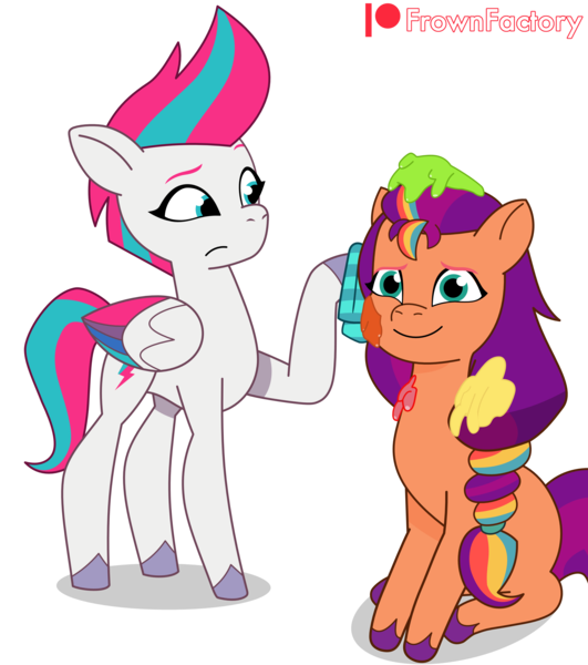 Size: 3000x3392 | Tagged: safe, artist:frownfactory, derpibooru import, sunny starscout, zipp storm, earth pony, pegasus, pony, g5, my little pony: tell your tale, cleaning, duo, duo female, female, image, mare, png, simple background, sitting, smiling, transparent background, vector, wings