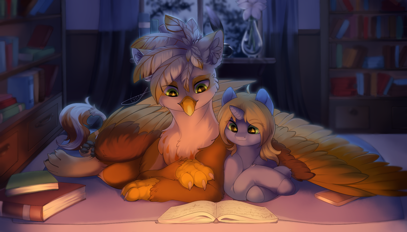 Size: 2076x1184 | Tagged: safe, artist:peachmayflower, derpibooru import, oc, oc:art's desire, oc:ember burd, unofficial characters only, gryphon, pony, unicorn, book, commission, detailed background, duo, eared griffon, female, griffon oc, horn, hug, image, male, mare, night, paw pads, paws, png, reading, size difference, talons, wing blanket, winghug, wings