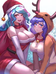 Size: 3000x4000 | Tagged: suggestive, artist:tzc, derpibooru import, princess celestia, princess luna, human, g4, :t, animal costume, anime, antlers, bell, bell collar, big breasts, blushing, blushing profusely, breast envy, breasts, busty princess celestia, busty princess luna, christmas, cleavage, clothes, collar, costume, duo, duo female, female, gloves, hat, holiday, humanized, image, long gloves, one eye closed, open mouth, png, reindeer costume, royal sisters, santa costume, santa hat, sexy, sexy santa costume, siblings, sisters, tsundere, tsunderuna, wink