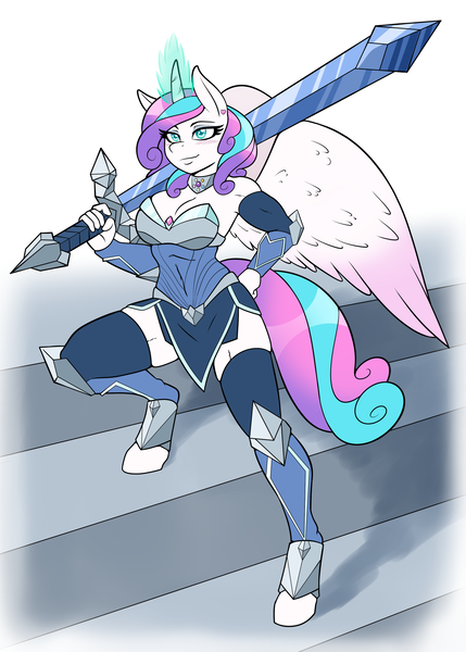 Size: 1500x2100 | Tagged: safe, artist:ambris, derpibooru import, princess flurry heart, alicorn, anthro, unguligrade anthro, g4, armor, armpits, bare shoulders, biceps, big breasts, blushing, boots, bracer, breasts, busty princess flurry heart, cleavage, clothes, commission, confident, curved horn, ear piercing, fantasy class, female, greatsword, heart, hooves, horn, image, jewelry, muscles, muscular female, necklace, older, older flurry heart, piercing, png, pose, shoes, shoulderless, solo, stairs, stupid sexy princess flurry heart, sword, thigh boots, thighs, tight clothing, unconvincing armor, warrior, warrior flurry heart, weapon, zettai ryouiki