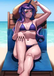 Size: 2926x4096 | Tagged: suggestive, artist:tzc, derpibooru import, princess luna, human, g4, armpits, barefoot, beach, belly, belly button, bikini, breasts, clothes, curvy, feet, female, hat, horn, horned humanization, humanized, image, nail polish, open mouth, png, reasonably sized breasts, solo, solo female, straw hat, swimsuit, toenail polish, two-piece swimsuit