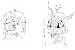 Size: 2114x1421 | Tagged: safe, artist:settop, derpibooru import, queen chrysalis, changeling, changeling queen, human, g4, bust, female, human to changeling, image, open mouth, png, portrait, simple background, sketch, surprised, transformation