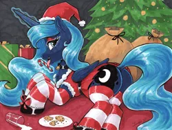 Size: 4740x3568 | Tagged: safe, artist:dandy, derpibooru import, princess luna, alicorn, pony, g4, belt, bow, butt, candy, candy cane, chest fluff, christmas, christmas outfit, christmas tree, clothes, cookie, copic, ear fluff, exploitable meme, eyeshadow, female, folded wings, food, hat, high res, holiday, horn, image, jpeg, licking, looking at you, lying down, magic, magic aura, makeup, mare, meme, moonbutt, plot, present, santa hat, shoes, skirt, socks, solo, spill, spilled drink, spilled milk, striped socks, telekinesis, tongue out, traditional art, tree, wings