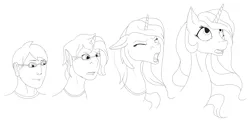 Size: 3508x1762 | Tagged: safe, artist:settop, derpibooru import, princess celestia, human, pony, g4, bust, high res, horn, human to pony, image, neck, png, portrait, simple background, sketch, transformation, transformation sequence