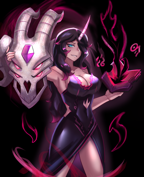 Size: 2600x3200 | Tagged: suggestive, artist:tzc, derpibooru import, fhtng th§ ¿nsp§kbl, oleander (tfh), demon, human, them's fightin' herds, big breasts, black magic, book, breasts, cleavage, clothes, community related, dress, female, horn, horned humanization, humanized, image, png, spellbook, unicornomicon