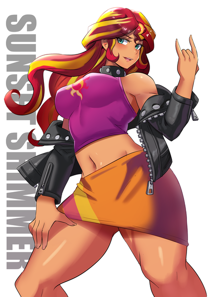 Size: 3000x4000 | Tagged: suggestive, artist:tzc, derpibooru import, kotobukiya, sunset shimmer, human, equestria girls, g4, anime, belly, belly button, breasts, busty sunset shimmer, choker, clothes, devil horn (gesture), female, humanized, image, jacket, leather, leather jacket, midriff, png, simple background, skirt, solo, spiked choker, tanktop, white background