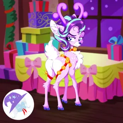 Size: 2500x2500 | Tagged: safe, artist:rurihal, derpibooru import, starlight glimmer, trixie, deer, pony, reindeer, unicorn, g4, blood, butt, clothes, featureless crotch, female, glimmer glutes, hat, high res, horn, image, implied transformation, looking back, mare, nosebleed, plot, png, present, reindeerified, species swap, trixie's hat