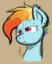 Size: 730x896 | Tagged: safe, artist:hopefulsparks, derpibooru import, rainbow dash, g4, alternate hairstyle, bust, ear piercing, female, image, lesbian, mugshot, piercing, png, raw sex appeal, short hair, signature, simple background, sketch