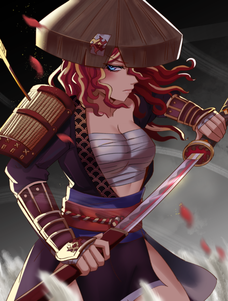 Size: 3150x4150 | Tagged: safe, artist:tzc, derpibooru import, sunset shimmer, equestria girls, g4, anime, breasts, female, ghost of tsushima, image, katana, png, samurai, sword, weapon