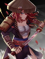 Size: 3150x4150 | Tagged: safe, artist:tzc, derpibooru import, sunset shimmer, equestria girls, g4, anime, breasts, female, ghost of tsushima, image, katana, png, samurai, sword, weapon