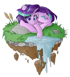 Size: 2997x3300 | Tagged: safe, artist:sk-ree, derpibooru import, starlight glimmer, pony, unicorn, g4, cute, dirt cube, female, floating island, glimmerbetes, horn, image, lying down, mare, png, prone, simple background, smiling, solo, transparent background, unshorn fetlocks, water