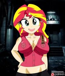 Size: 3000x3500 | Tagged: suggestive, artist:raydonxd, derpibooru import, sunset shimmer, human, equestria girls, g4, big breasts, breasts, bust, busty sunset shimmer, claire redfield, clothes, female, hips, image, midriff, patreon, patreon logo, png, resident evil, resident evil 2, solo, solo female