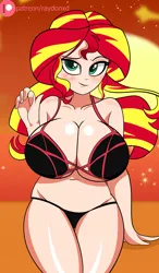 Size: 3000x5133 | Tagged: suggestive, artist:raydonxd, derpibooru import, sunset shimmer, human, equestria girls, g4, big breasts, bikini, black bikini bottom, black bikini top, black bra, black panties, black underwear, blushing, bra, breasts, busty sunset shimmer, clothes, female, huge breasts, human coloration, image, panties, png, swimsuit, underwear