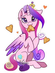 Size: 1128x1491 | Tagged: safe, artist:lailyren, derpibooru import, princess cadance, alicorn, pony, g4, :3, blushing, cute, cutedance, digital art, female, food, heart, image, looking at you, mare, one ear down, png, signature, simple background, smiling, solo, transparent background, waffle