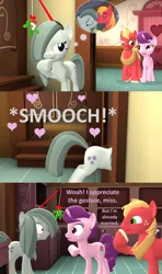 Size: 1920x3240 | Tagged: safe, artist:red4567, derpibooru import, big macintosh, marble pie, sugar belle, 3d, accidental kiss, accidental shipping, blushing, female, hearth's warming eve, humor, image, kissing, lesbian, male, marbelle, marblemac, mistletoe, oops, png, shipping, snickering, source filmmaker, straight, sugarmac, thinking