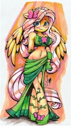 Size: 1314x2337 | Tagged: safe, artist:shadowhawx, derpibooru import, fluttershy, anthro, pegasus, g4, adonis belt, belly, belly button, blushing, clothes, commando, dress, female, floppy ears, gala dress, human facial structure, image, jpeg, looking at you, midriff, smiling, solo, traditional art, wasp waist