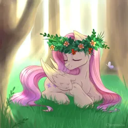 Size: 3000x3000 | Tagged: safe, artist:niia56, derpibooru import, fluttershy, butterfly, insect, pegasus, pony, g4, colored hooves, crepuscular rays, cute, eyes closed, female, floral head wreath, flower, folded wings, grass, head turn, hooves, image, lying down, mare, outdoors, png, prone, shyabetes, smiling, solo, three quarter view, tree, turned head, unshorn fetlocks, wings