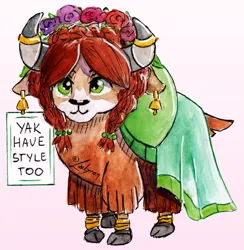 Size: 1006x1029 | Tagged: safe, artist:lailyren, derpibooru import, yona, yak, g4, bell, bracelet, clothes, cloven hooves, cute, dress, ear piercing, earring, fashion, female, floral head wreath, flower, horn, horn jewelry, horn ring, image, jewelry, piercing, png, quadrupedal, ring, sign, simple background, solo, style, text, traditional art, transparent background, watercolor painting, yonadorable