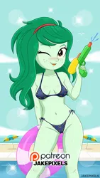 Size: 546x970 | Tagged: suggestive, artist:jakepixels, derpibooru import, wallflower blush, human, equestria girls, g4, beach, bikini, blushing, boob freckles, breasts, cameltoe, chest freckles, clothes, female, freckles, hairband, image, inner tube, looking at you, one eye closed, open mouth, open smile, png, pool toy, side-tie bikini, smiling, smiling at you, solo, swimsuit, watergun, wink, winking at you